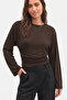 Brown Crew Neck Fitted Waist 97% Cotton Long Sleeve Blouse - 2