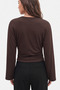 Brown Crew Neck Fitted Waist 97% Cotton Long Sleeve Blouse - 3