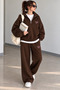 Coffee Color Stand Collar Bow Print Top and Wide Leg Bottom Tracksuit Set