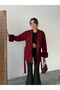 Fur Detailed Belted Women's Jacket - Burgundy - 2