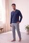 Navy Blue Deer Patterned Cotton Refined Men's Pajama Set - 6