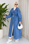 Women's Double-Breasted Collar Bronchial Detailed Belted Denim Jeans Kimono - Trench Coat - 3