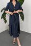 Women's Navy Blue Jacket Lapel Collar Short Sleeve Single Button Crop Jacket with Flared Midi Skirt Two Piece Set - 5