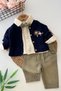 Baby Boy 3-Piece Set with Embroidered Lion Detail, Knitwear Cardigan and Striped Shirt - Navy Blue