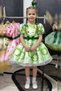 Green Cabbage Patterned Shiny Satin Girls' Dress with Belted Balloon Sleeves Birthday Special Day