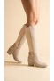 Leather Look Long Boots with Stretchable Back, Flexible Thick Heels and V Metal Detail