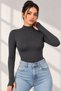 Women's Gray Finger-Looped Half Turtleneck Long Sleeve Slim Fit Bodysuit - 2