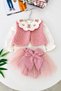 Teddy Bear Embroidered Detailed Lamb Vest with Tulle Skirt for Baby Girl 3-Piece Set - Pink