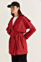 Women's Red Lined Plaid Patterned Belted Double Breasted Collar Pocket Detailed Trench Coat 7092 60286678 - 3