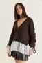 Women's Bitter Coffee V-Neck Buttoned Flywheel Lace Detailed Sleeves Gathered Knitwear Cardigan 9110 60286671 - 6