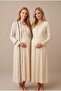 Women's Beige Patterned Lace Long Sleeve Maternity Nightgown Set with Easy Breastfeeding Feature - 4