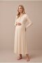 Women's Beige Patterned Lace Long Sleeve Maternity Nightgown Set with Easy Breastfeeding Feature - 5