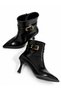 Women's Shiny Patent Leather Look Gold Buckle Elegant Pointed Toe Zippered Heeled Boots - 2