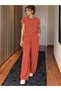 Women's Brick Red Crew Neck Short Sleeve Loose Wide Leg Pants Two-Piece Set - 2