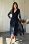 Asymmetrical Double Breasted Collar Glitter Patterned Midi Dress - 3