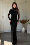 Shoulder Detailed Lace Sandy Fabric Maxi Black Dress
