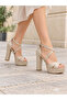 Women's Gold Patterned Ankle Strap Platform High Thick Heeled Evening Dress Shoes - 4