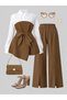 Women's Long Sleeve Collared Top with Trikoton Asymmetrical Detail, Belted at the Waist, Imported Crepe Blouse and Torn Detail - 4