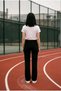 Women's High Waist Gathering Elastic Sports Pants, Length 106 Cm, Casual Pants - Black - 5