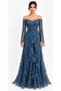 Dusty Blue Lace Off-Shoulder Long Sleeve Ruffle Evening Gown