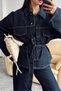New Season Women's Dark Navy Blue Tie-Dye Denim Suit Oversize Jacket and High-Waisted Trousers - 4