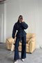 New Season Women's Dark Navy Blue Tie-Dye Denim Suit Oversize Jacket and High-Waisted Trousers - 8