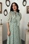 Women's Mint Scarf Collar Tie-Up Short Sleeve Patterned Jacquard Flared Midi Dress - 3