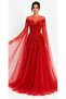 Red Embellished Evening Gown with Sheer Cape Sleeves and Crystal Beading