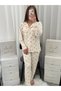 Pink Floral Patterned Beige Milan Long Sleeve Pajama Set - 6