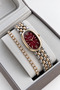 Women's Wristwatch-Oval Case-Gold and Silver Color-Burgundy Dial-Gift Box and Bracelet.Hm23789S01-8 - 4