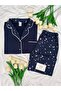 Ecru Star & Moon Patterned Navy Blue Milan Long Sleeve Pajama Set