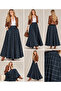 Dark Blue White Striped Plaid Pattern 90 cm Length Full Flawed Skirt with Hidden Pockets and Elastic Waist - 4