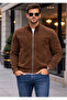Men's Brown Suede Zippered Stand Collar Coat - 2