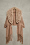 Women's Ecru Fur Collar Detailed Tasseled Loose Knitwear Shawl Poncho - 3
