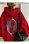 Women's Whale Shark Patterned Oversize Hoodie with Heart Detail and Dtf Back Print Sweatshirt