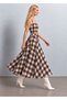 Bitter Brown White Plaid Patterned Pocket Detailed Square Collar Cotton A-Line Dress - 3