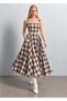 Bitter Brown White Plaid Patterned Pocket Detailed Square Collar Cotton A-Line Dress - 2