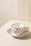 Trelia Porcelain 2-Person Coffee Cup Set Blue Cage Pattern with Gold Color Handles 90 ml Turkish Coffee Espresso Cup Set - 4