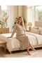 New Collection Beige Ruffled Design Cotton Long Sleeve Maternity Nightgown-Dressing Gown Set of 2 - 2