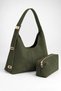 Women's Lilac Khaki Suede Lock Strap Detailed Organizer Magnetic Closure Shoulder Bag