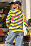 Women's Yellow Navy Blue Striped Crew Neck Oversize Sweatshirt - 5