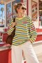 Women's Yellow Navy Blue Striped Oversize Crew Neck Long Sleeve T-Shirt