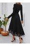 Women's Long Sleeve Square Collar Skirt with Laser Floral Cut Detail at the Hem, Midi Imported Crepe Dress - 2