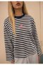 Navy Blue Striped Three Thread Embroidery Detail Sweathirt