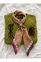 Slim Scarf with Oil Green/Mustard Color Pattern and Gold Buckle - 2