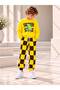 Boys' Dinosaur Printed Yellow Sweatshirt and Checkerboard Patterned Bottom Top Set