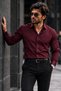Men's Casual Collared Buttoned Burgundy Shirt - 4