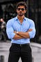 Men's Casual Collared Blue Shirt with Buttons on Sleeves - 6