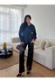 Women's Navy Blue Pleated Pearl Collar Leather Shirt