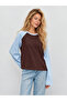 Women's 100% Cotton Contrast Blue Brown Raglan Sleeve Crew Neck Oversize T-Shirt - 2